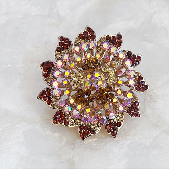 Brown & Pink Iridescent Rhinestone Large Floral Brooch 2 3/4” Statement - Picture 1 of 11